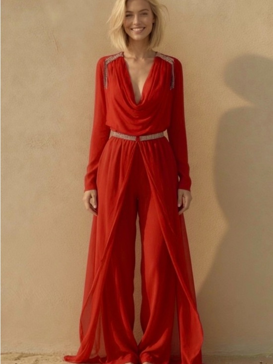 Pants - Red Drape-Neck Wide-Leg Jumpsuit with Embellished Accents